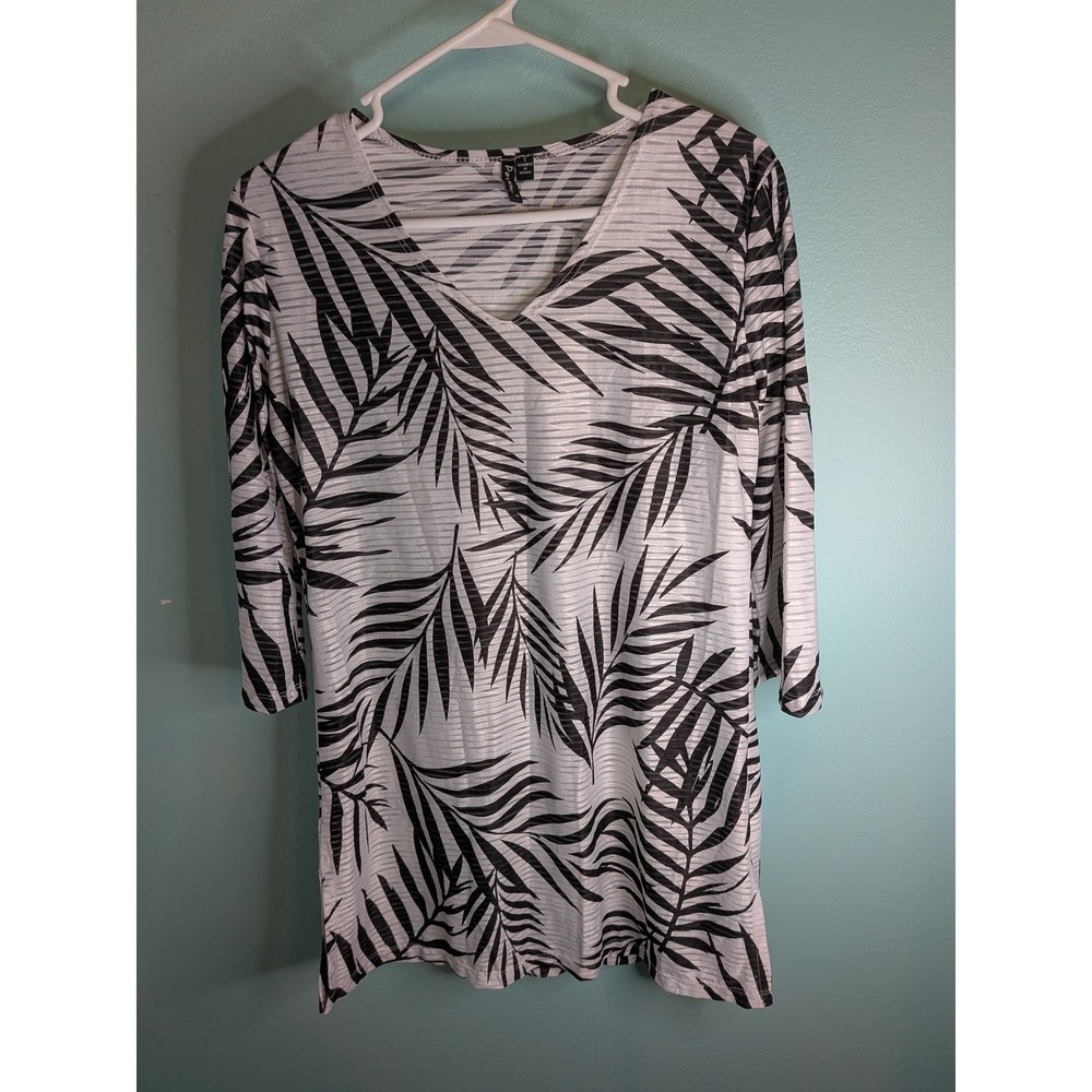 Partners Womens White Black Palm Print V-Neck 3/4 Sleeve Knit Top Style 723622 S